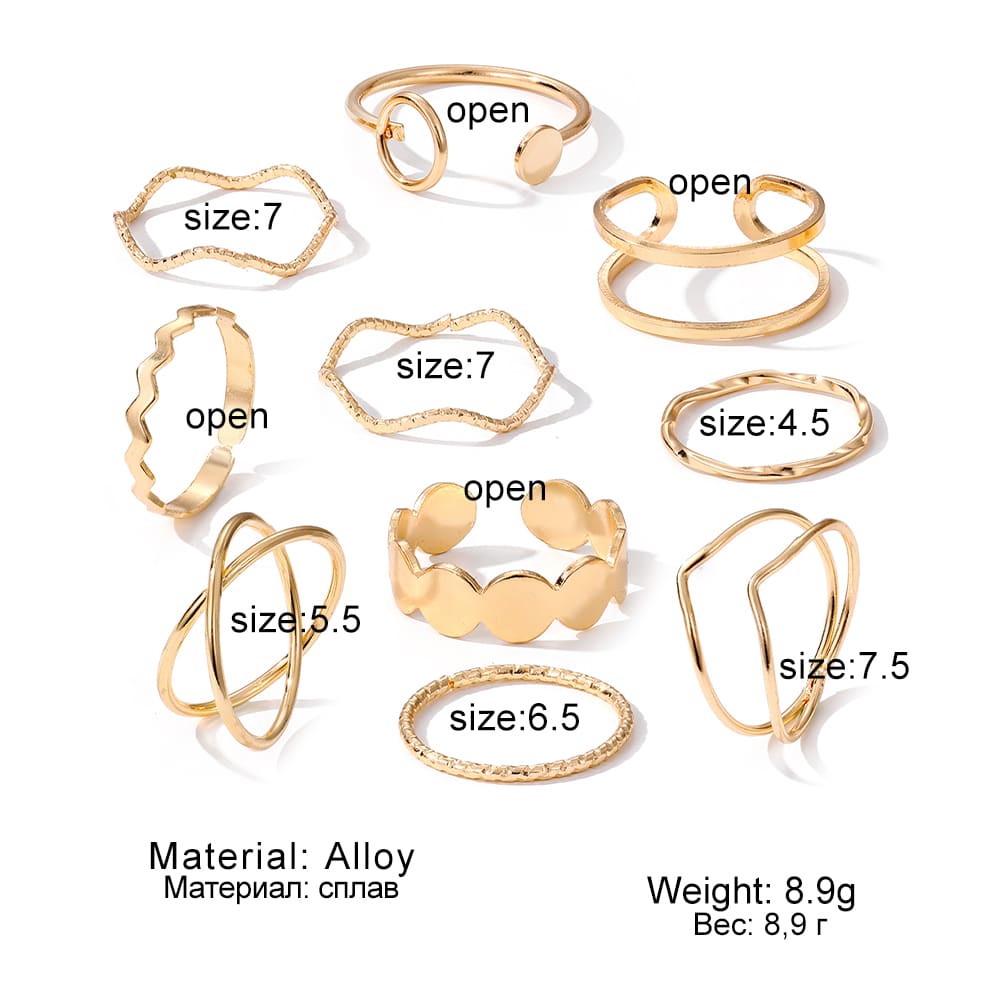 10 Peças Conjunto De Anel Cruzado De Onda De Água Minimalista Elegante Anéis Empilháveis Ajustáveis